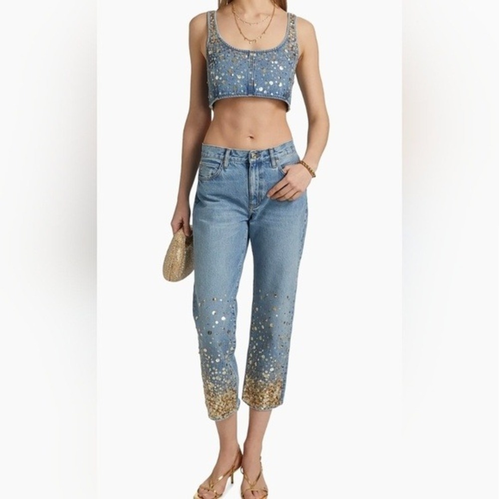 FRAME Denim The Atelier Champagne Ankle Straight Leg Jeans Gold Sequin 26